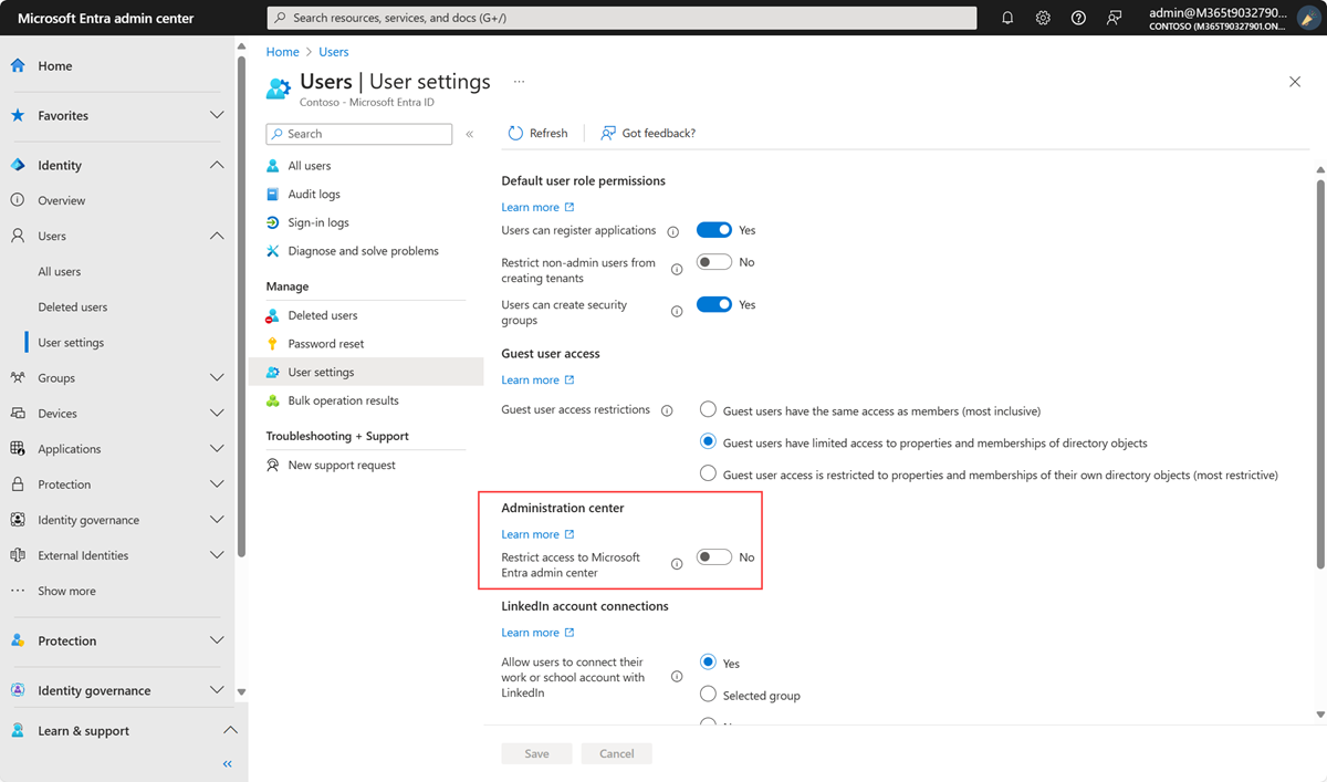 Microsoft Entra user settings - Administration portal