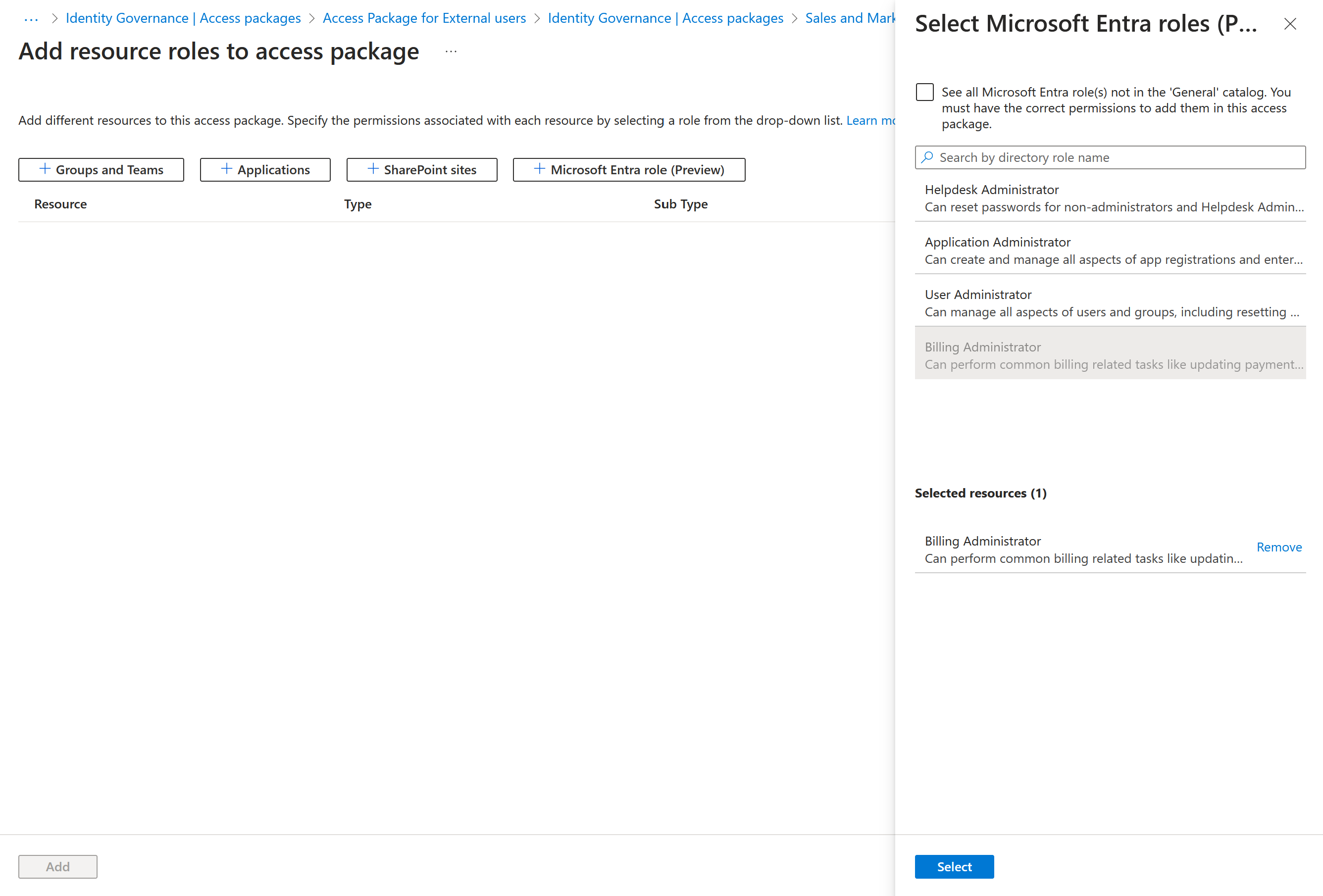 Screenshot of selecting role for access package.