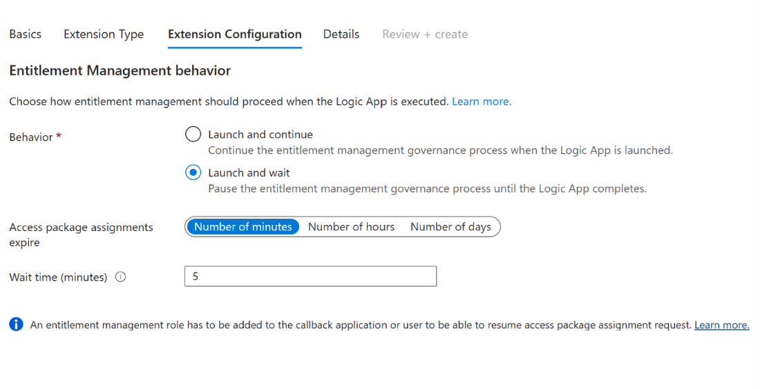 Screenshot of entitlement management custom extension behavior actions tab.