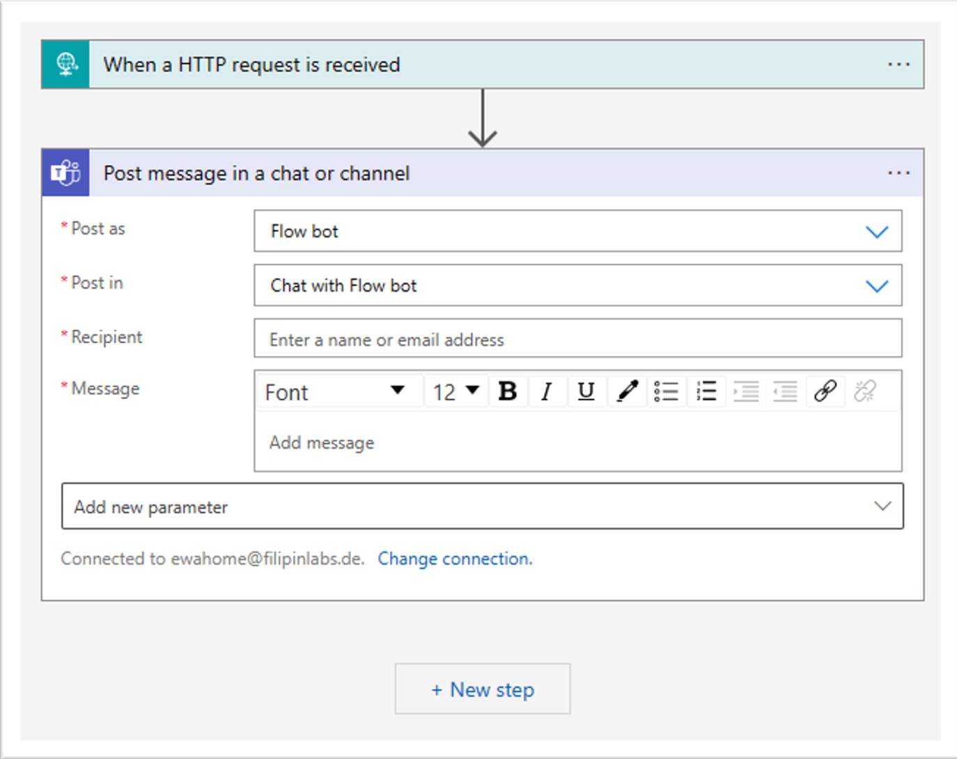 Screenshot of setting the teams post message parameters.