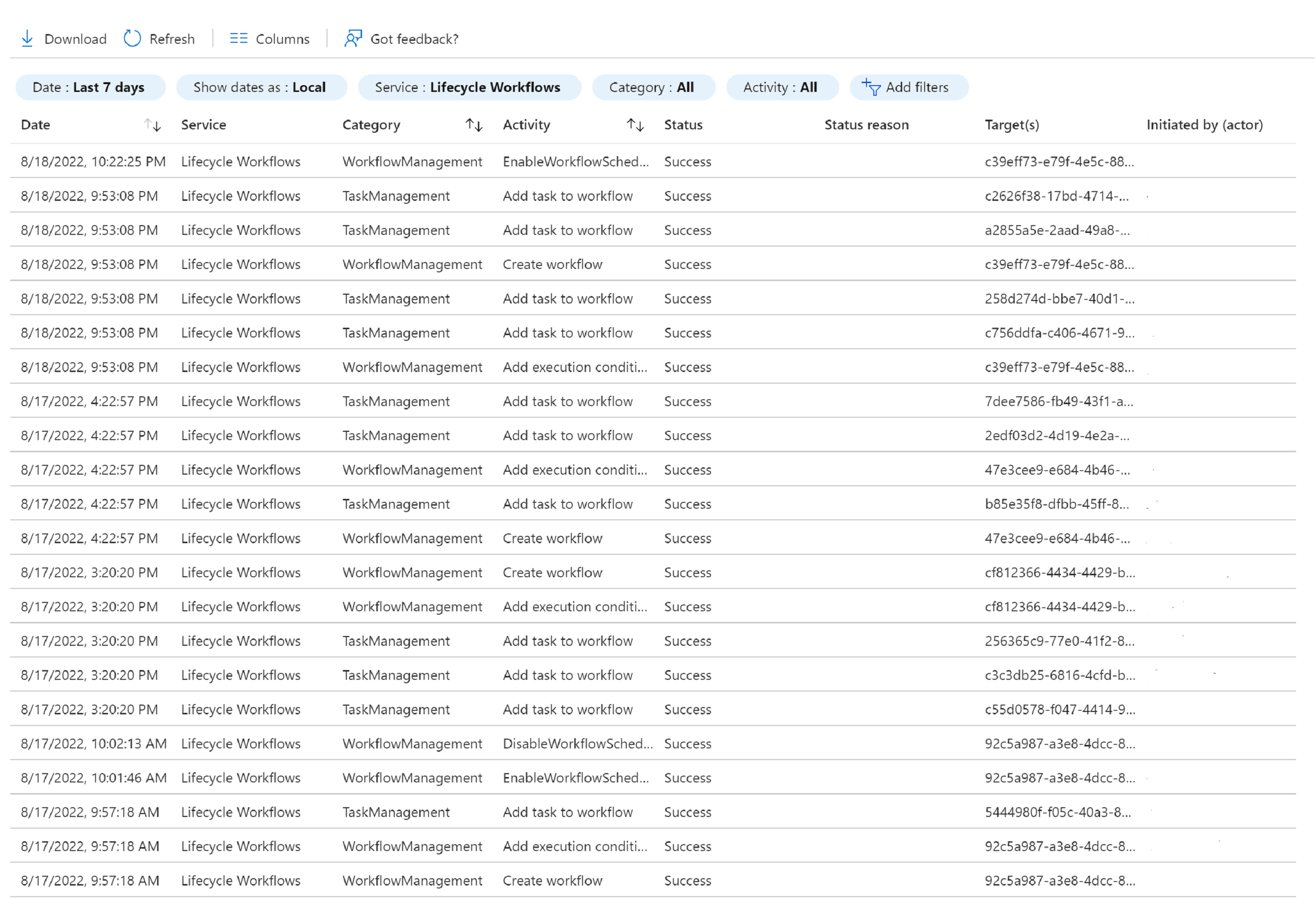 Screenshot of a workflow audit log.