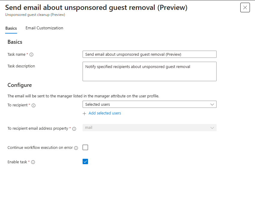 Screenshot of Workflows task: send email about unsponsored guest removal task.