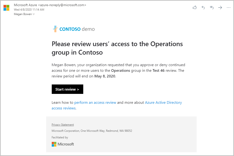 Screenshot of example email from Microsoft to review access to a group.