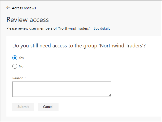 Completed access review asking whether you still need access to a group