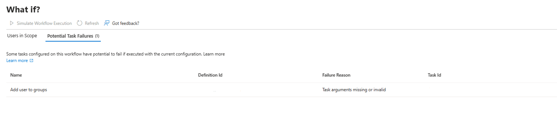Screenshot of potential task failures within the what if tool.