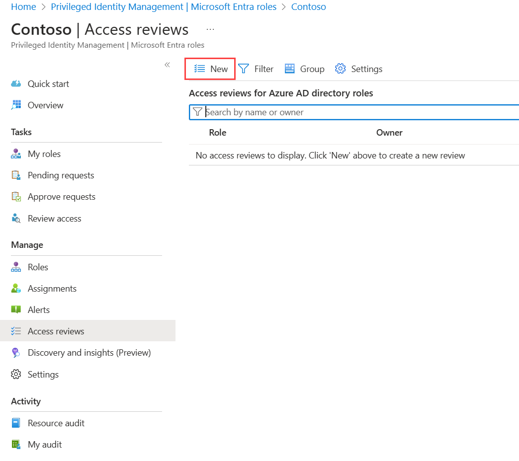 Microsoft Entra roles - Access reviews list showing the status of all reviews screenshot.