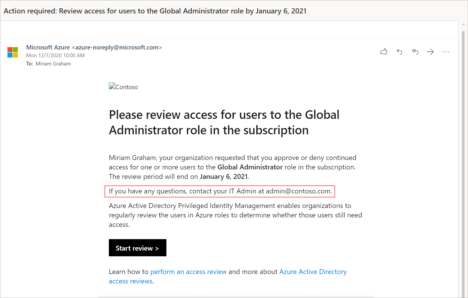 Content of the email sent to reviewers with highlights