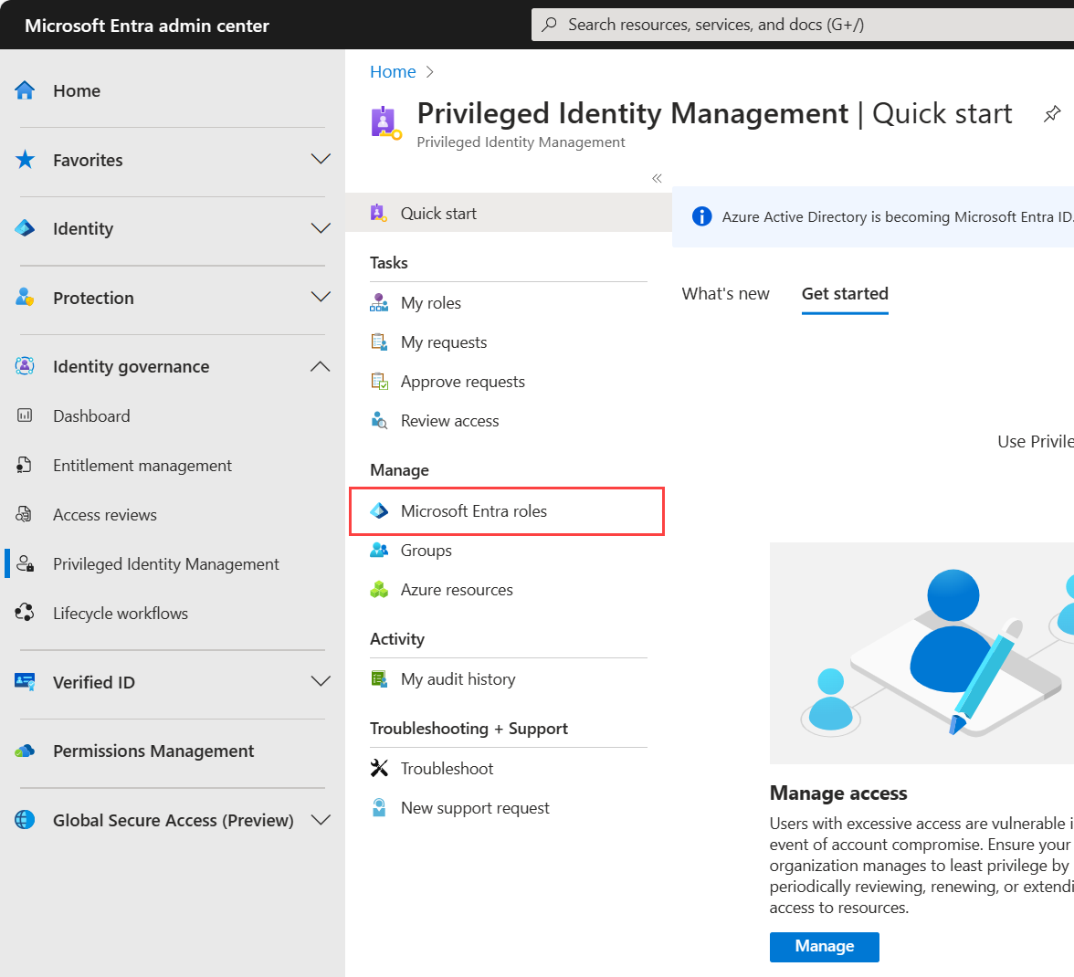 Select Identity Governance in the Microsoft Entra admin center screenshot.