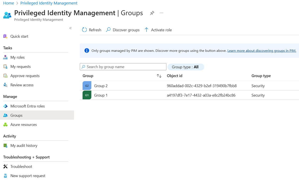 Screenshot of where to view groups that are already enabled for PIM for Groups.