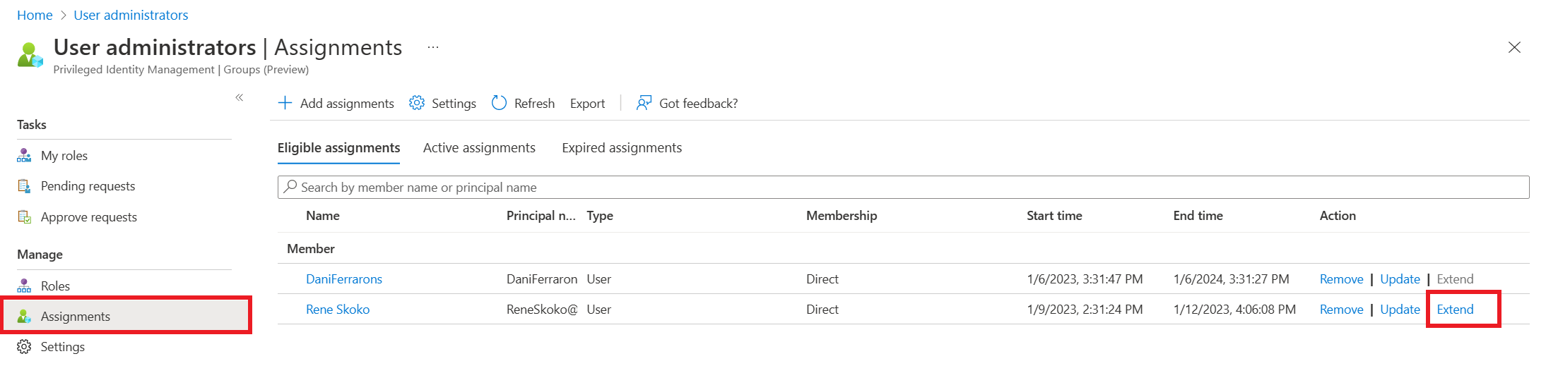 Screenshot of the assignments page listing eligible group assignments with links to extend.