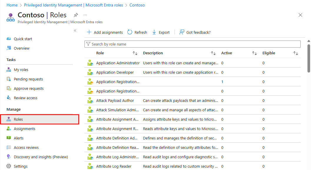 Screenshot that shows the list of Microsoft Entra roles available in the tenant, including built-in and custom roles.