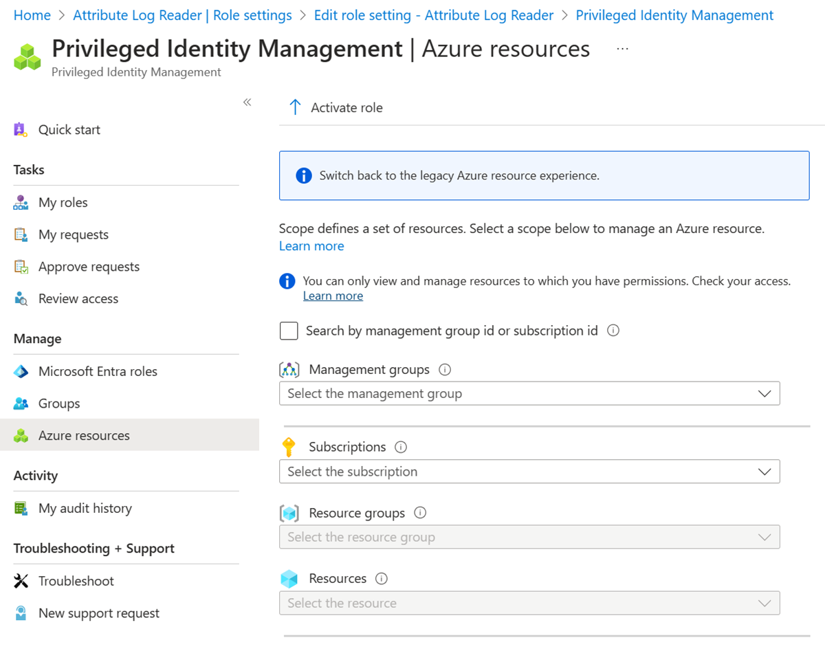 Screenshot of Privileged Identity Management resources pane.