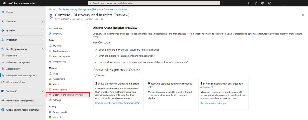 Screenshot that shows the Discovery and insights (Preview) with the Reduce global administrators action selected.