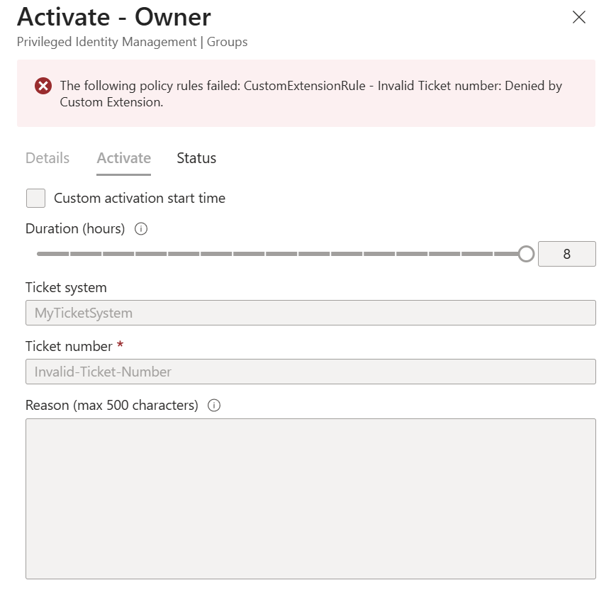 Screenshot of the activation denied with custom extension.