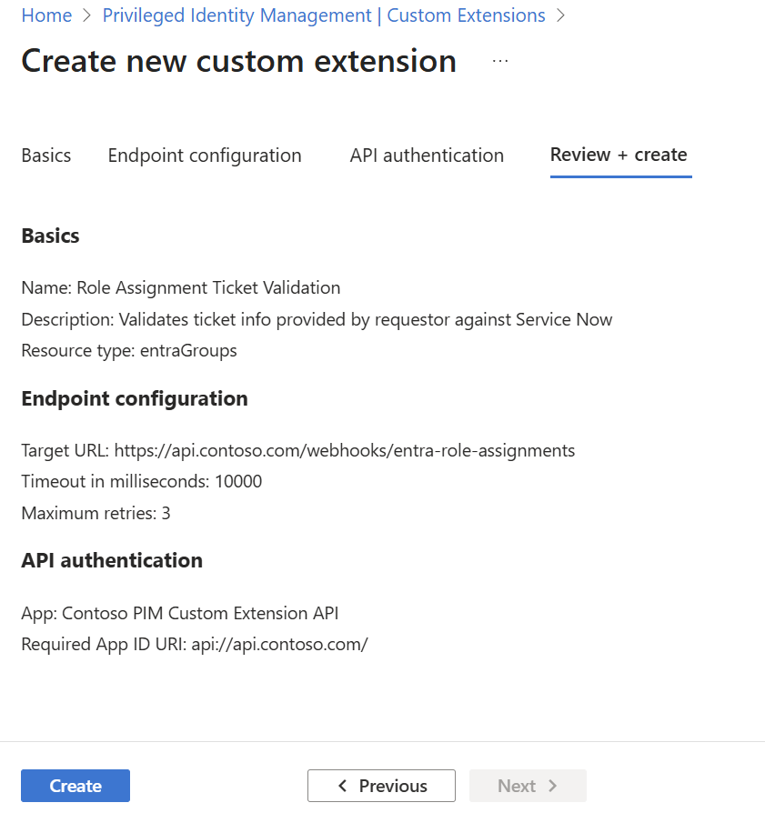 Screenshot of the Review and create tab showing a summary of the custom extension configuration including basics, endpoint, and API authentication details.