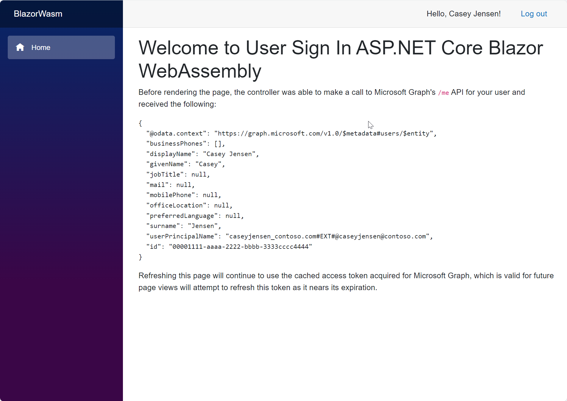 Screenshot of Blazor WASM SPA App depicting the results of the API call.