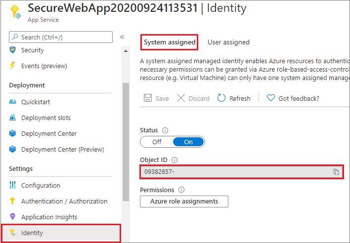 Screenshot that shows the system-assigned identity.