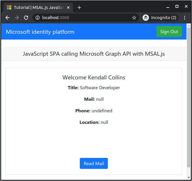 Profile information from Microsoft Graph displayed in the browser