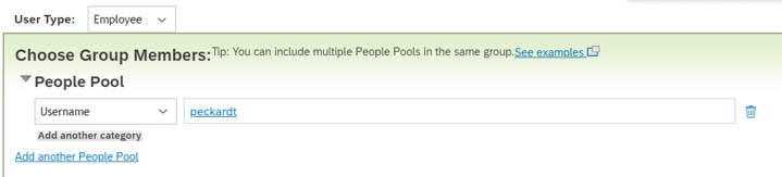 Screenshot of adding members to a permission group by selecting Username from the People Pool dropdown.