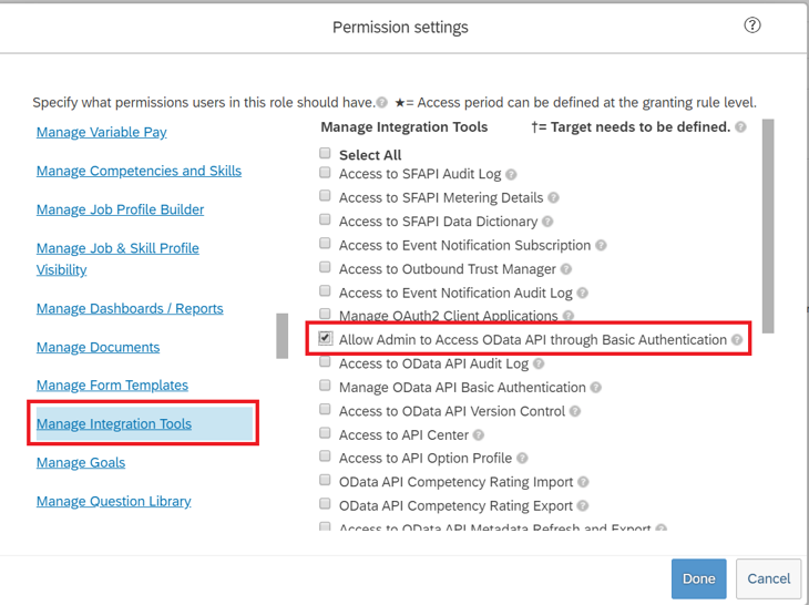 Screenshot of the Manage Integration Tools permission with the Allow Admin to Access to OData API through Basic Authentication option selected.