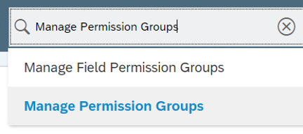 Screenshot of the Manage Permission Groups search result in the SAP SuccessFactors Admin Center.