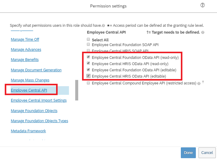 Screenshot of the Employee Central API permissions showing read and edit using ODATA API options.