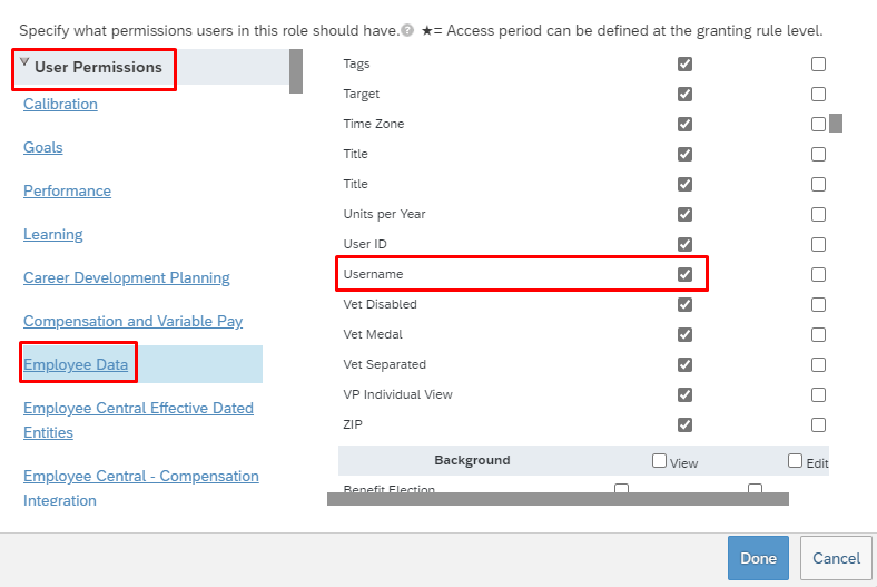 Screenshot of the Employee Data user permissions list for reviewing view access to attributes.