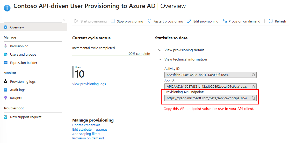 Screenshot of Provisioning API endpoint.