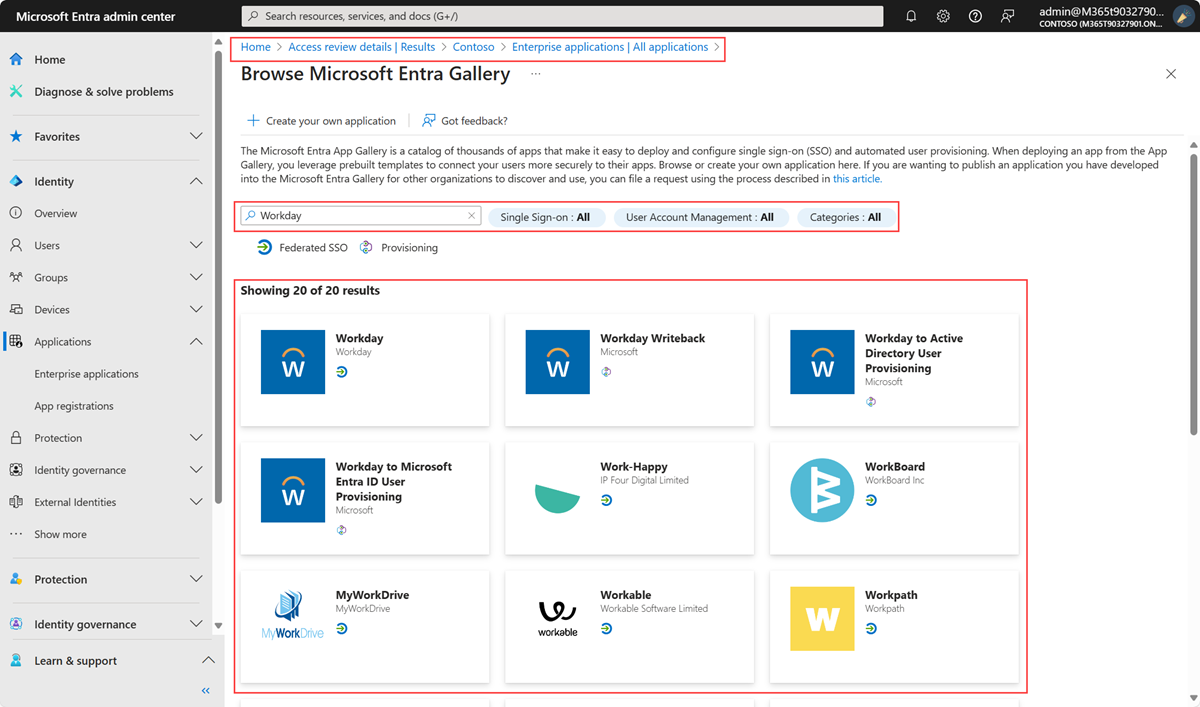 Microsoft Entra admin center app gallery