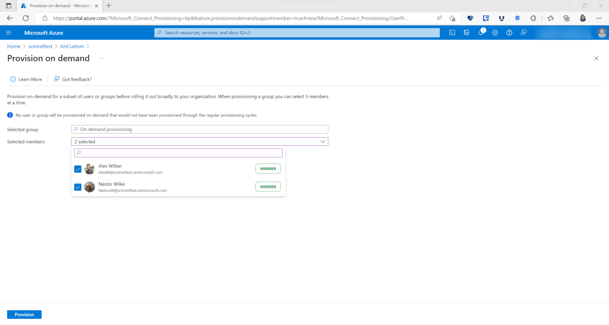 Screenshot that shows the Microsoft Entra admin center UI for provisioning a user on demand.