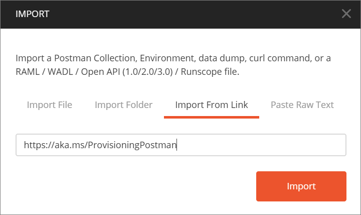 Screenshot that shows importing the test collection in Postman.