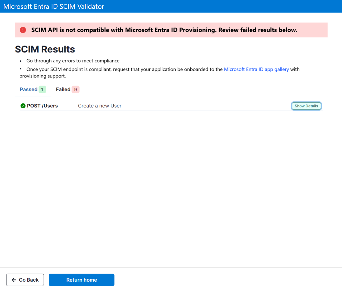 Screenshot of SCIM Validator results page.
