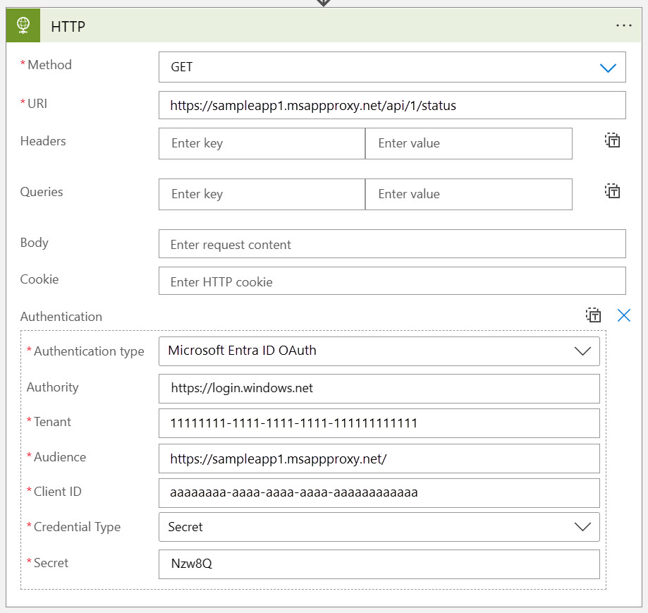 Screenshot of Azure Logic App HTTP ActionConfiguration.