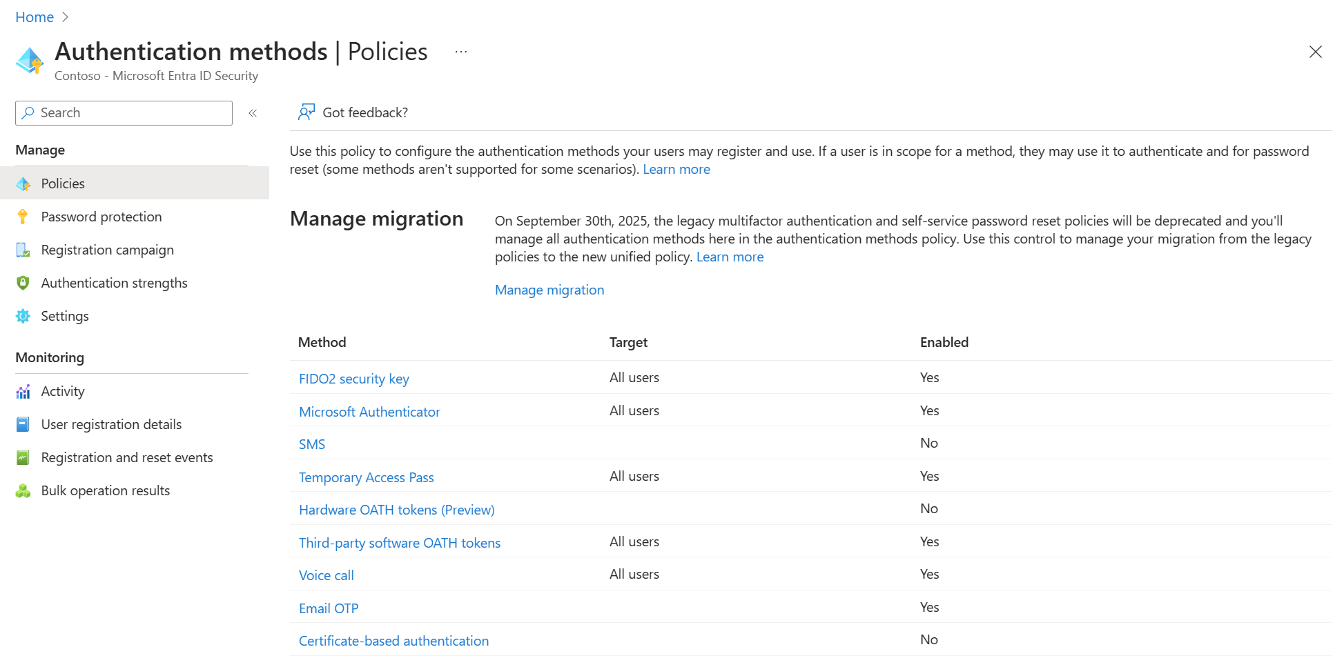 Screenshot of Authentication methods policy.