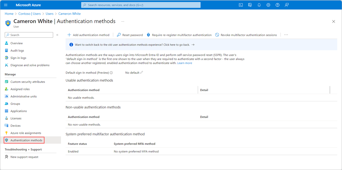 Screenshot of the Microsoft Entra admin center that shows authentication methods with a phone number populated
