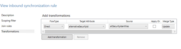 Screenshot of how to transform from altSecurityIdentities to alternateSecurityId attribute.