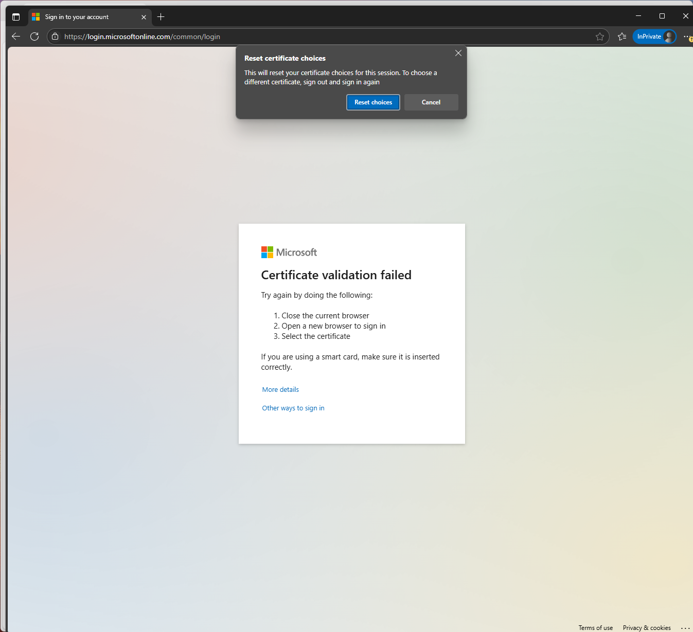 Screenshot of edge browser certificate choice reset acceptance.