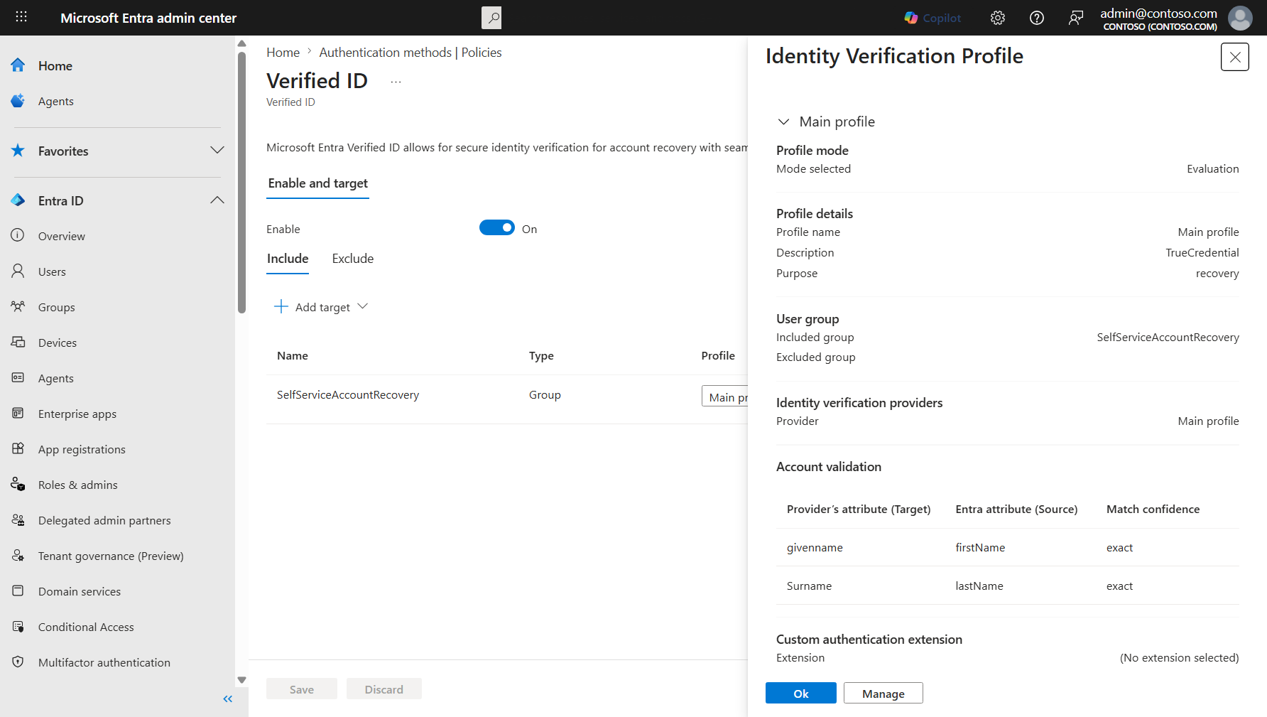 Screenshot that shows the Identity Verification Profile details panel with profile mode, profile details, user group, identity verification provider, account validation claims table, and custom authentication extension.