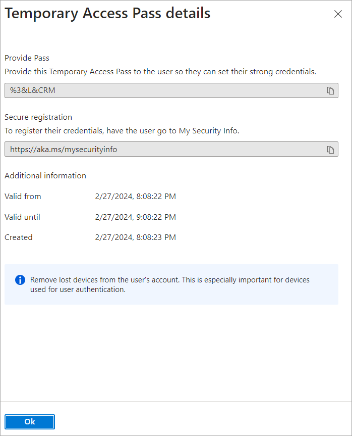Screenshot of Temporary Access Pass details.