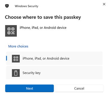 Screenshot of the dialog where to save your passkey on your iOS or Android device.