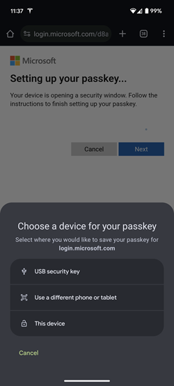 Screenshot of option to select a USB security key.