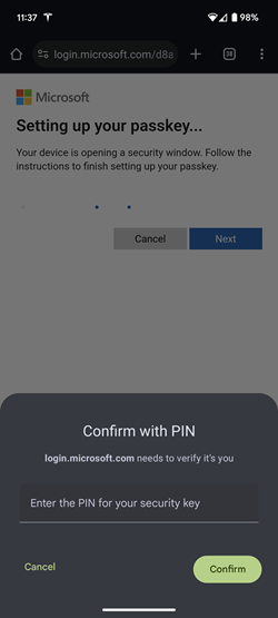 Screenshot of prompt to provide PIN or biometric.