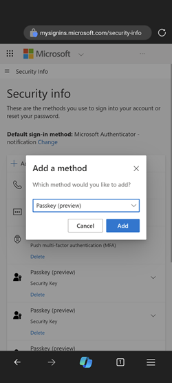 Screenshot of the Security Info screen Add Sign-in Method option.