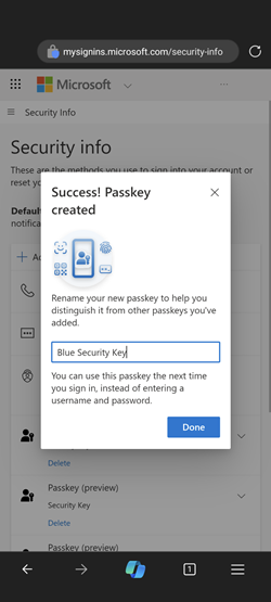 Screenshot showing final passkey registration step on Android.