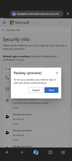 Screenshot of the two-factor authentication requirement to set up a passkey.