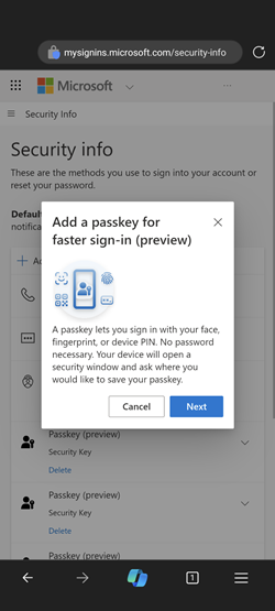 Screenshot of starting passkey registration.