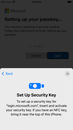 Screenshot asking to connect your security key to your iOS device.