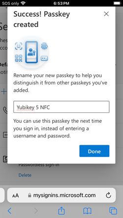 Screenshot showing final passkey registration step on iOS.