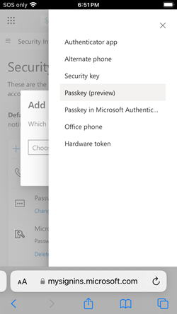 Screenshot of the drop-down list of options in security info.