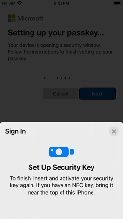 Screenshot asking to confirm your pin for the security key connected to an iOS device.